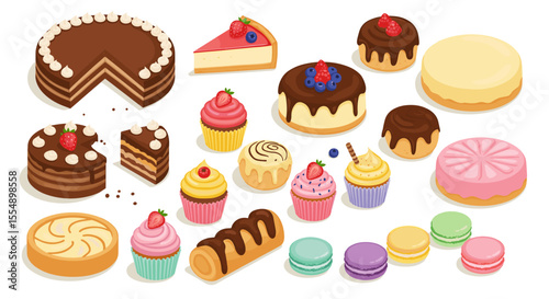 Delicious desserts vector illustration: sweets and pastries design for print in flat style