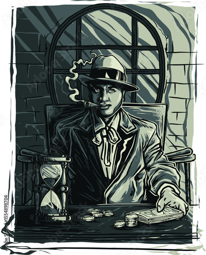 Pirate man in suit holding sword in vintage stained glass illustration