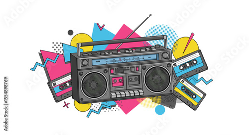 Retro boombox and cassette tapes 1980s vector illustration for music poster design, flat style