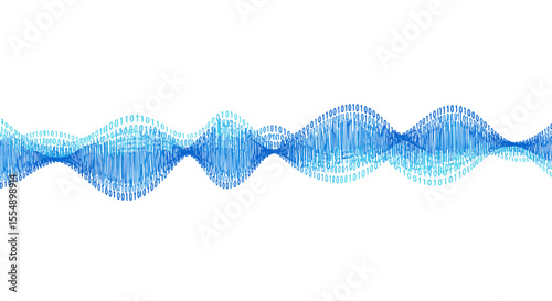 Binary code wave vector illustration for tech design, data flow concept, digital poster, flat style