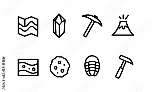Minimalist geology icons set featuring map, crystal, hammer, volcano, sediment, rock, fossil, and pickaxe