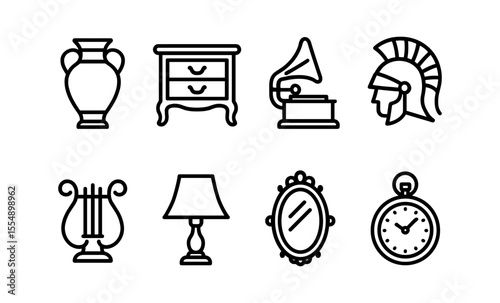 Antique line art icons: vase, nightstand, gramophone, helmet, lyre, lamp, mirror, stopwatch