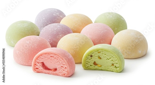 ice cream mochi set in pastel color tones isolated on white background with detailed texture and various shapes and sizes