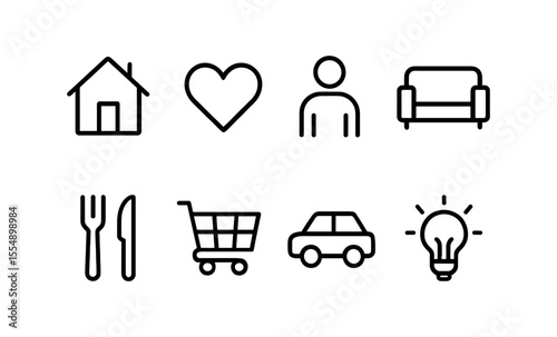 Minimalist icon set featuring home, heart, person, and more in modern line art style