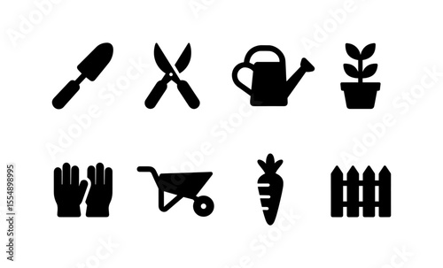 Gardening tool icons: trowel, shears, watering can, plant, gloves, wheelbarrow, carrot, fence