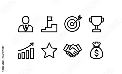 Business success icons set featuring growth, achievement, and financial reward symbols