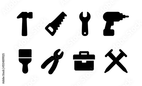 Silhouette icons of hand and power tools for diy and construction projects
