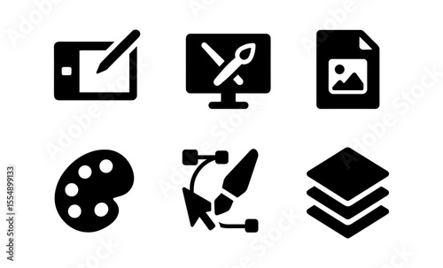 Digital art icons set featuring graphics tablet, monitor, image file, and design tools