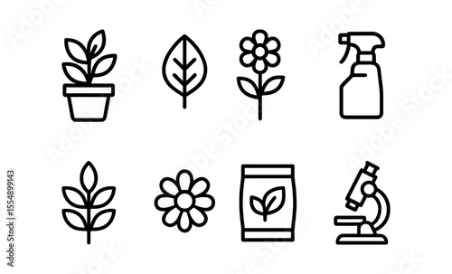 Botanical icons: potted plant, leaf, flower, spray bottle, microscopic view