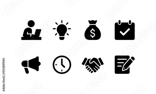 Business icons set: innovation, finance, time management, and communication concepts