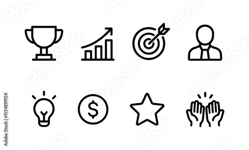 Business icons set: trophy, growth, target, person, lightbulb, dollar, star, applause