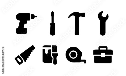 Silhouette icons of essential hand tools for diy and construction projects