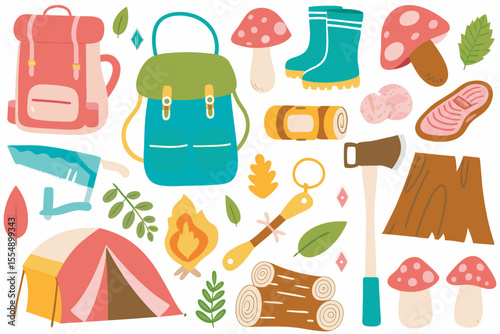 Colorful vector illustration of camping and outdoor adventure essentials