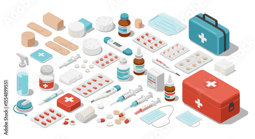 Medical supplies vector illustration for healthcare design in isometric style