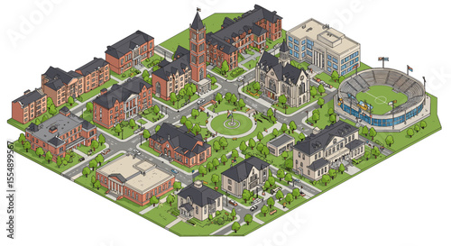 Charming college campus scene vector illustration in isometric flat style for educational design