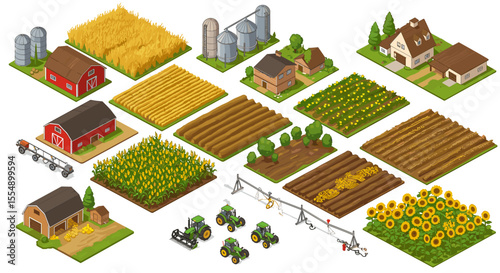 Isometric farm elements vector illustration for agriculture design projects