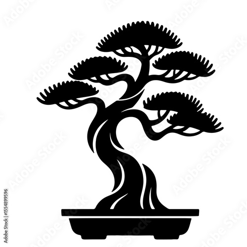 Black and White Bonsai Tree Silhouette, Vector Illustration