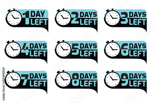 Countdown Days Left Labels with Stopwatch Icons – Vector Set 1 to 9 Days