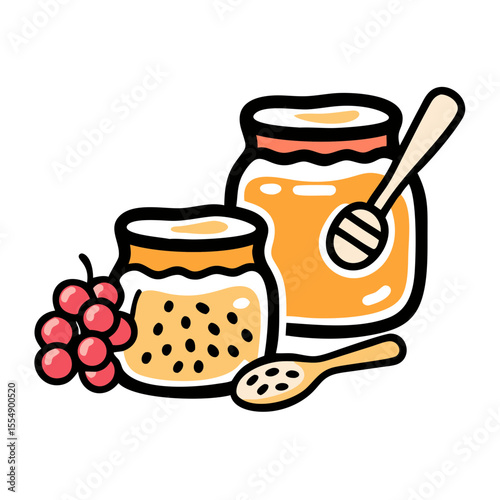 Summer Jam Jars with Honey Dipper and Fresh Berries for Food Blogs, Recipe Websites, Culinary Education, Seasonal Cooking, and Jam Lovers’ Content  