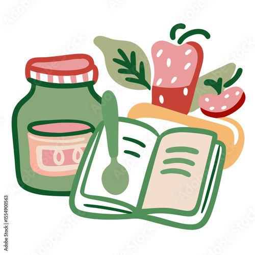 Colorful Jam Jar with Fresh Fruits and Recipe Book for Food Blogs, Summer Recipes, Culinary Education, Cooking Tutorials, and Kitchen Decor Projects  
