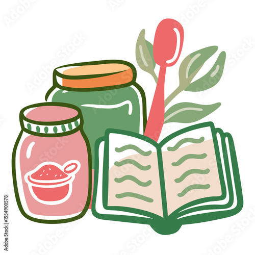 Summer Jam Ingredients with Recipe Book and Spoon for Food Blogs, Culinary Websites, Cooking Articles, Kitchen Decor, and Seasonal Recipe Ideas  