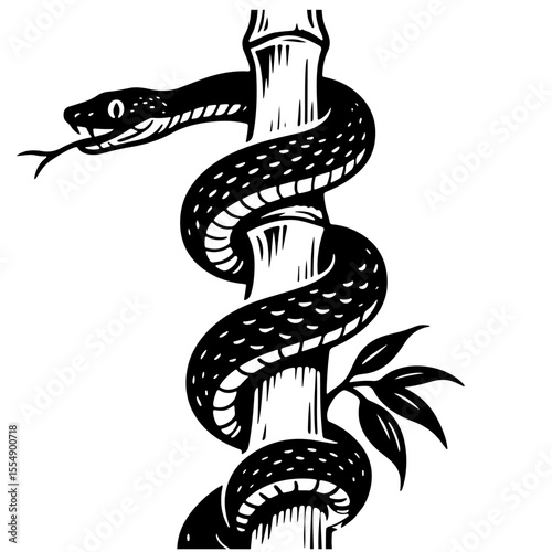 Black and White Snake Wrapped Around Bamboo Illustration