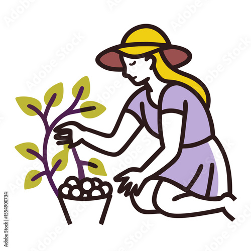 Girl Collecting Jam Fruits from a Plant in Summer for Gardening Blogs, Healthy Living Websites, Seasonal Recipes, and Lifestyle Articles  