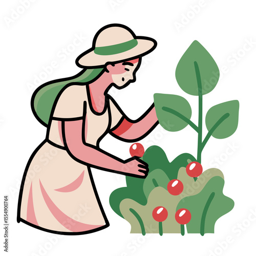 Woman Harvesting Berries in a Garden for Lifestyle Blogs, Summer Recipes, Gardening Websites, Healthy Eating Articles, and Seasonal Food Content  