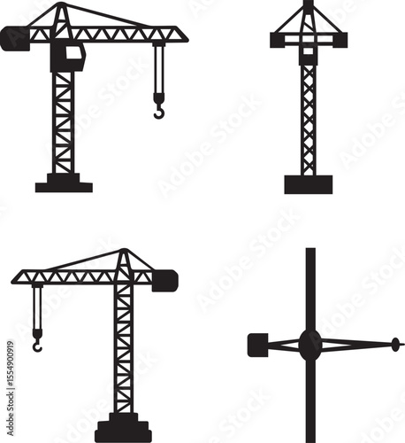 construction crane silhouette of icons set side, front, back, and top views vector art illustration