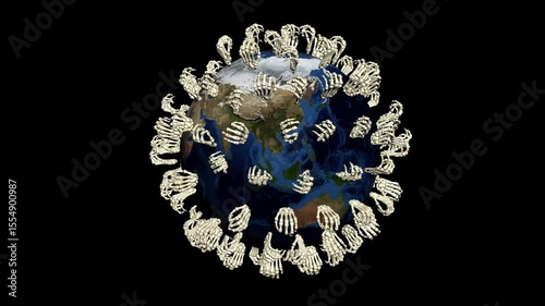 3D Skeleton Hands Clenching and Unclenching on Planet Earth – Animated Bone Motion in Loop