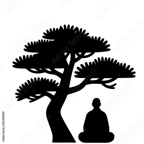 Black and white silhouette illustration of a monk meditating under a pine tree.