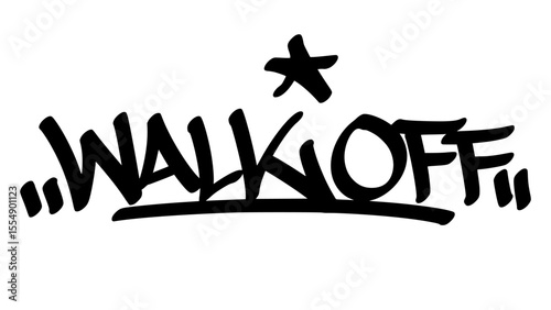 Hand-drawn graffiti tag of "Walk Off" in bold black ink. Urban street lettering with baseball theme and transparent background, perfect for dramatic, sporty, and victory-focused visuals.