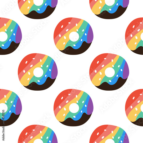 Rainbow donat patternSeamless pattern with rainbow donuts topped with sprinkles. Fun, colourful design representing LGBTQ+ pride, sweetness, celebration. Perfect for fabric, packaging, decoration.