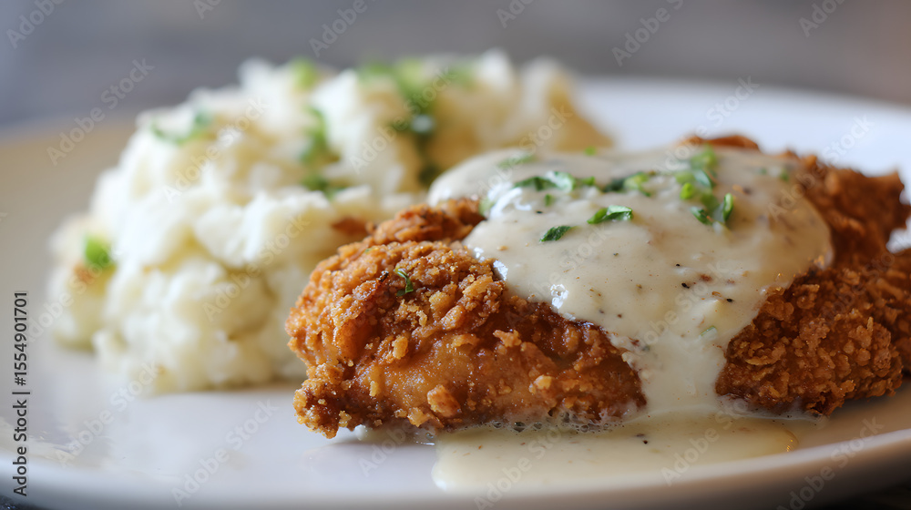 Delicious Fried Chicken with Creamy Gravy and Mashed Potatoes Served on a White Plate Delicious Fried Chicken with Creamy Gravy and Mashed Potatoes Served on a White Plate