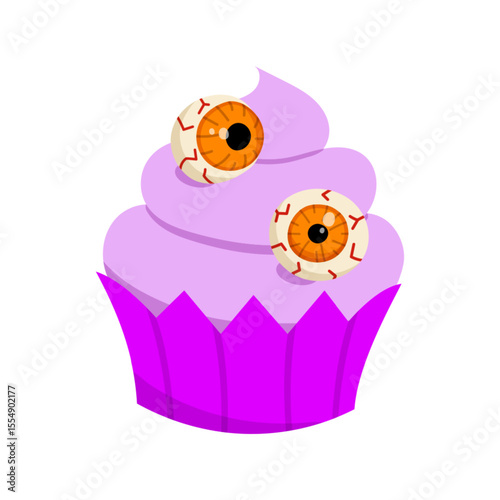 Cute Halloween violet cupcake. Vector Halloween print cute little cake with zombie eyes on white background. Funny cartoon illustration for fabric, decoration, sticker.
