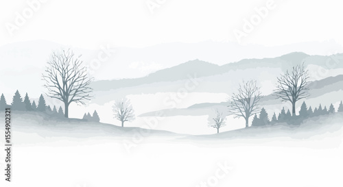  A serene minimalist watercolor landscape featuring bare trees in winter, painted in soft gray and blue tones. Perfect for calming, neutral interiors.
