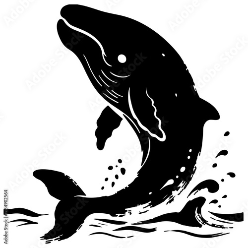 Black and white whale jumping out of ocean, vector illustration