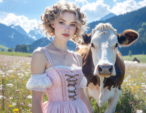 Rural beauty of the south bavarian Allgeau apls with a young woman in a traditional Dirndl and a cow photo
