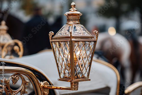 decorative horse-drawn carriage lantern with crystal glass panels and ornamental copper framework, vintage transportation elegance