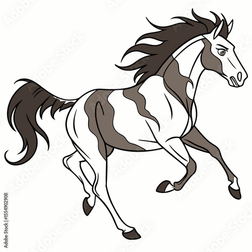 Brown and white horse running with flowing mane and tail wild mustang