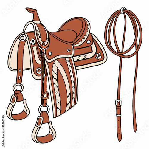 Brown saddle and tack with decorative elements equestrian horse riding