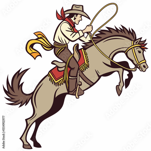 Cowboy on bucking horse with lasso rodeo