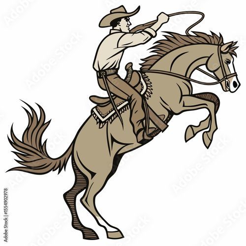 Cowboy on bucking horse lassoing rodeo