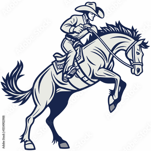 Cowboy riding bucking horse in action rodeo
