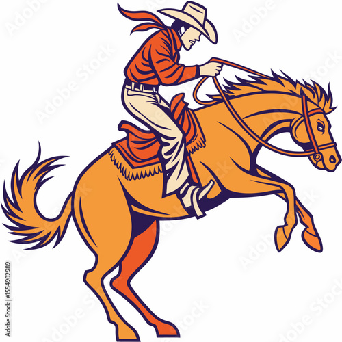 Cowboy riding bucking horse orange and tan rodeo western