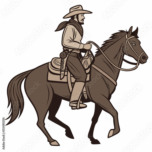 Cowboy riding horse with saddle and saddlebag vector