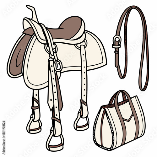 Cream and brown saddle stirrups bridle and duffel bag equestrian