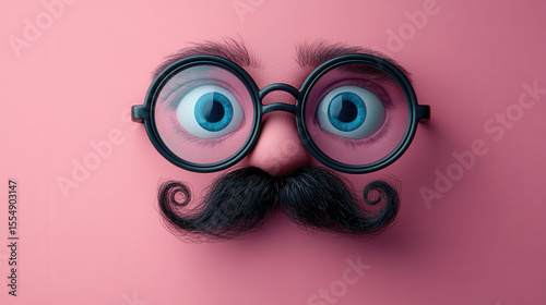 Round eyeglasses and curly black mustache forming a funny face on pastel pink background, minimalistic composition, costume party concept, quirky humor design 