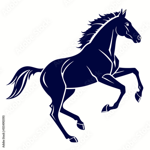 Dark blue horse rearing on white background silhouette