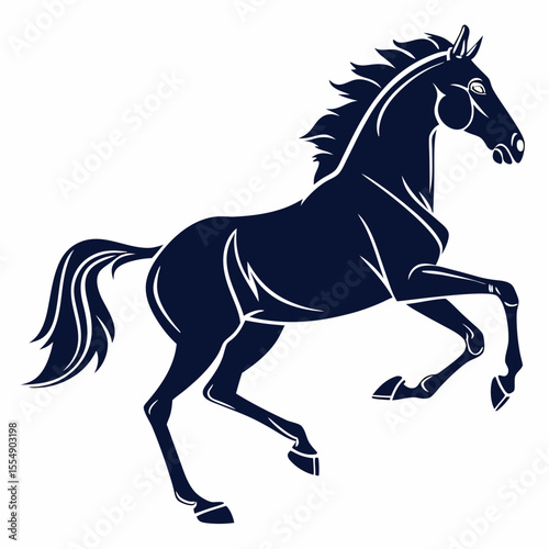 Dark blue horse in motion on a white background silhouette galloping
